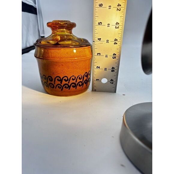 Vintage MCM Japanese Stoneware Small Yellow Crock with Brown Lid Sugar Bowl Butt - Picture 14 of 15